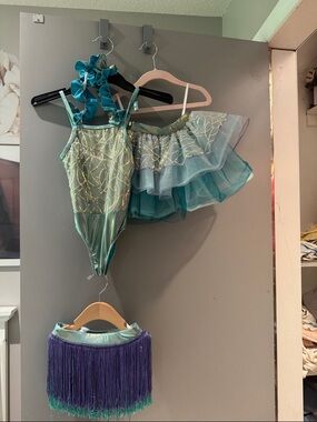 Teal & Purple Dance Costume Set with Fringe- 2 skirts. Fringe and tutu skirt
